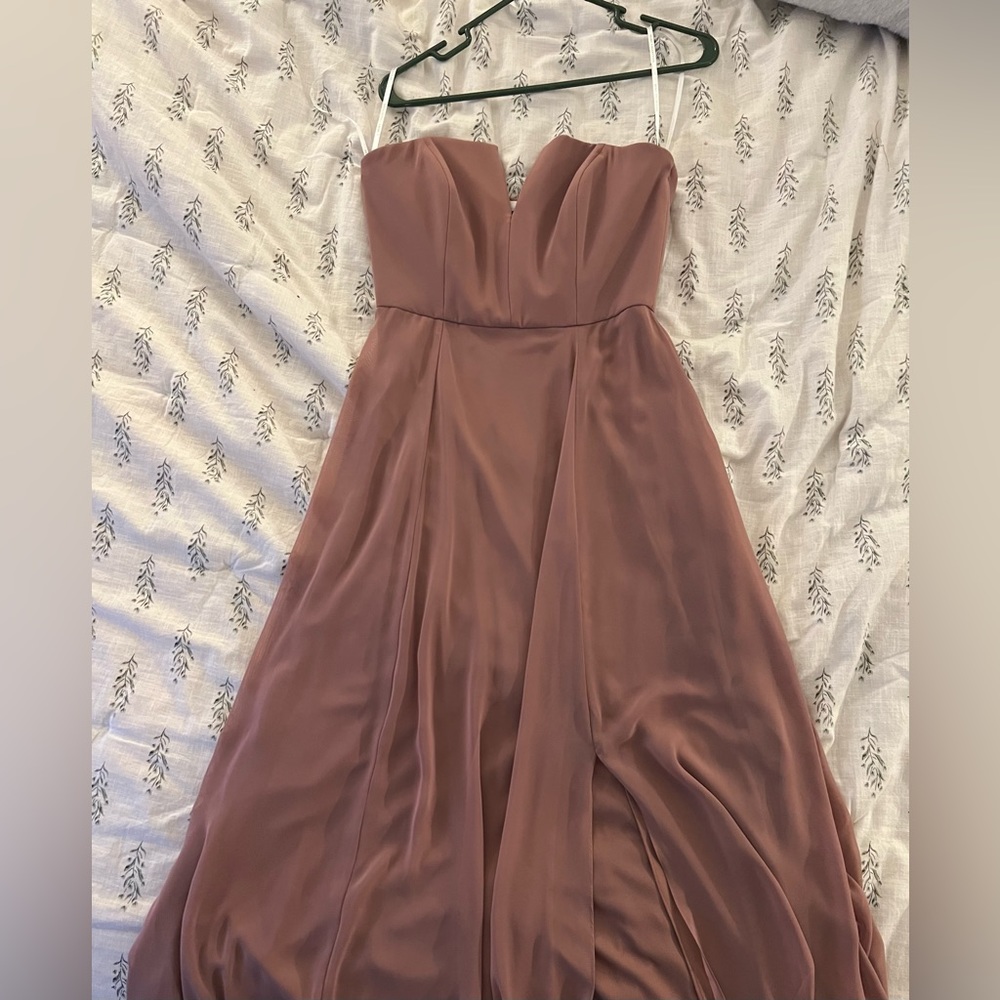 Taupe colored strapless bridesmaid gown with shaped neckline, size 4